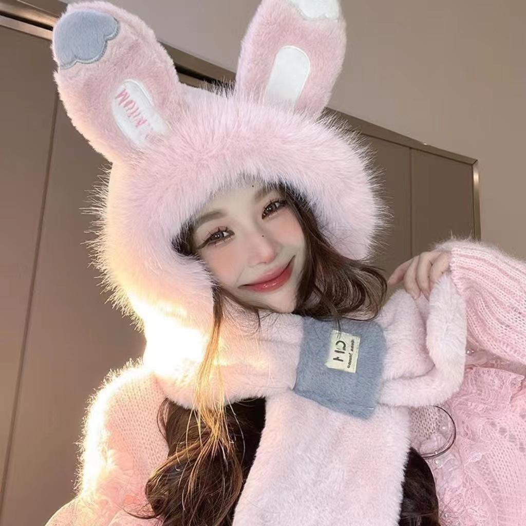 Winter New Fox Plush Thermal Hat Children's Scarf Integrated Cold-proof Cute Outdoor Thickened Warm Two-piece Set
