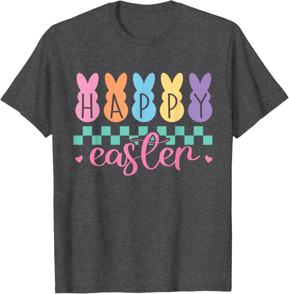 Happy Easter Bunny Graphic Tee Pastel Checkered Print Casual Short Sleeve T-Shirt