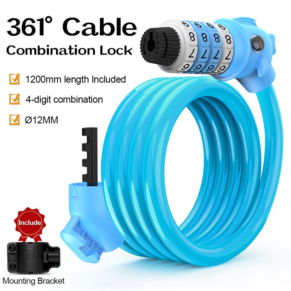 361 Degrees Bike Lock 4 Digit Code Combination Cable Lock Stronger Anti Theft Bike Cable Locks for Bicycle MTB Electric Scooter 4