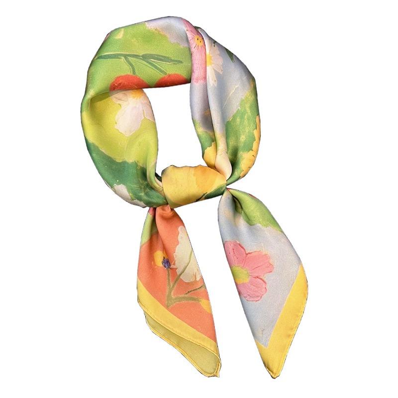 Vintage French Style Oil Painting Flower Silk Scarf Elegant Women Neck Scarf