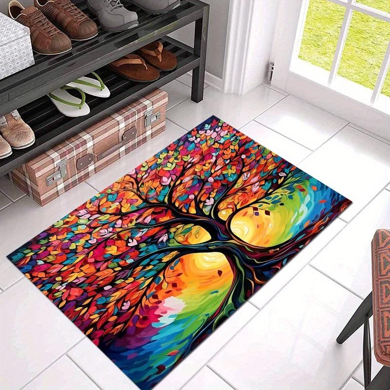 A Colorful Tree of Life Design Modern Minimalist Flannel Rug for Home Bedroom Floor Mats Mats Mats Kitchen Rugs Decorative Mats.