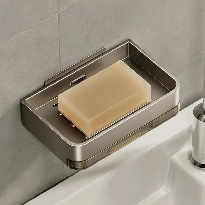 1pc Bathroom Soap Dish No Drill Wall Mounted Soap Holder Aluminum Alloy Sponge Storage Organizer Bathroom Accessories