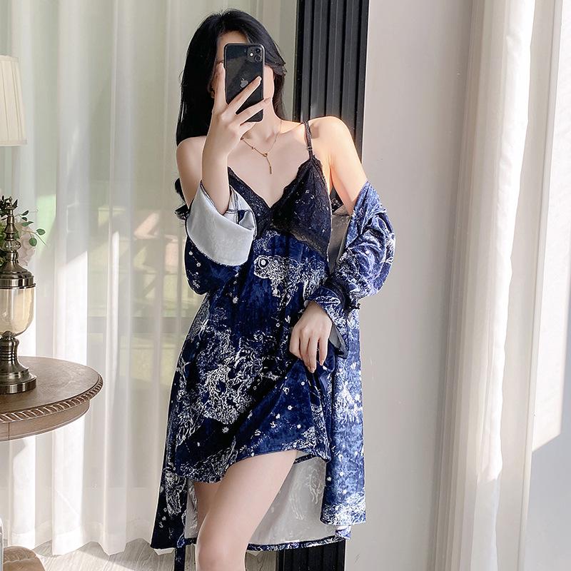 2025 Women's Gold Velvet V-Neck Pajamas - Long Sleeve, Mid-Length, Loose Fit, Autumn Fairy Style Homewear
