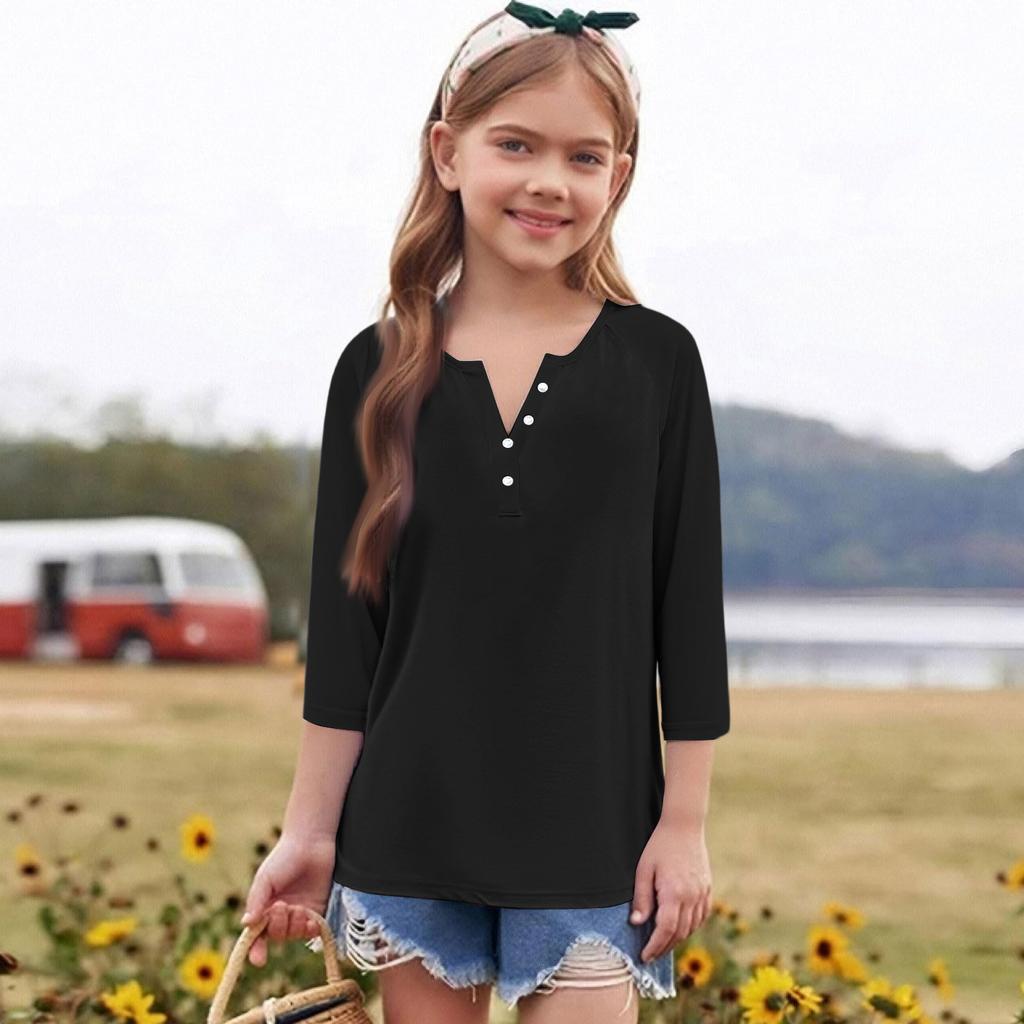 Print Tops For Youth Girls Round Neck 3/4 Sleeves T-Shirts Trendy Tops Outfit Tees
