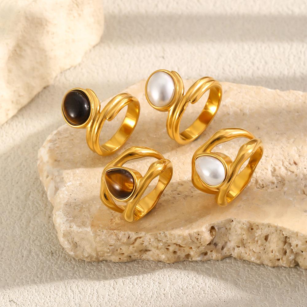 18K Gold Plated Stainless Steel Ring with Imitation Pearl & Tiger Eye Stone for Women - European-American Retro Style Luxury Jewelry