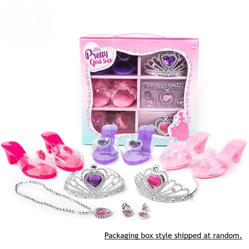 Girls Jewelry Toys Set Crystal Shoes Necklace Crown Earrings Bracelet Play Makeup Dress Up Princess Toys for Kids Role Play