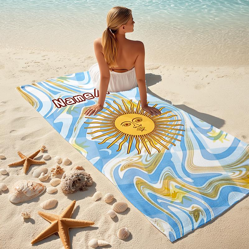 1PC Custom Name Sun Text Marble Beach Towel Highly Absorbent And Sand-Resistant Towel for Swimming, Pool, Yoga, And Travel Lightweight