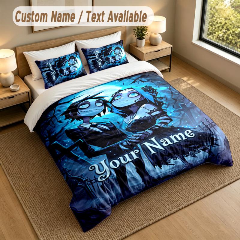 3Pcs Bedding Set Custom Name Text, 1 Sheet 2 Pillowcases Home Bed DecorCorpse Bride Emily Victor