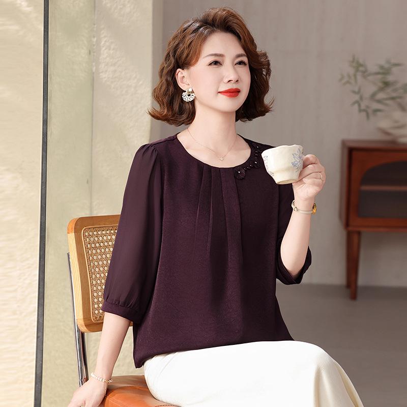 

Mother s Day Summer Floral Lace Chiffon Top - 3/4 Sleeve for Middle-Aged and Elderly Women 4XL [Recommended for 67.5-75 kg] вино красного