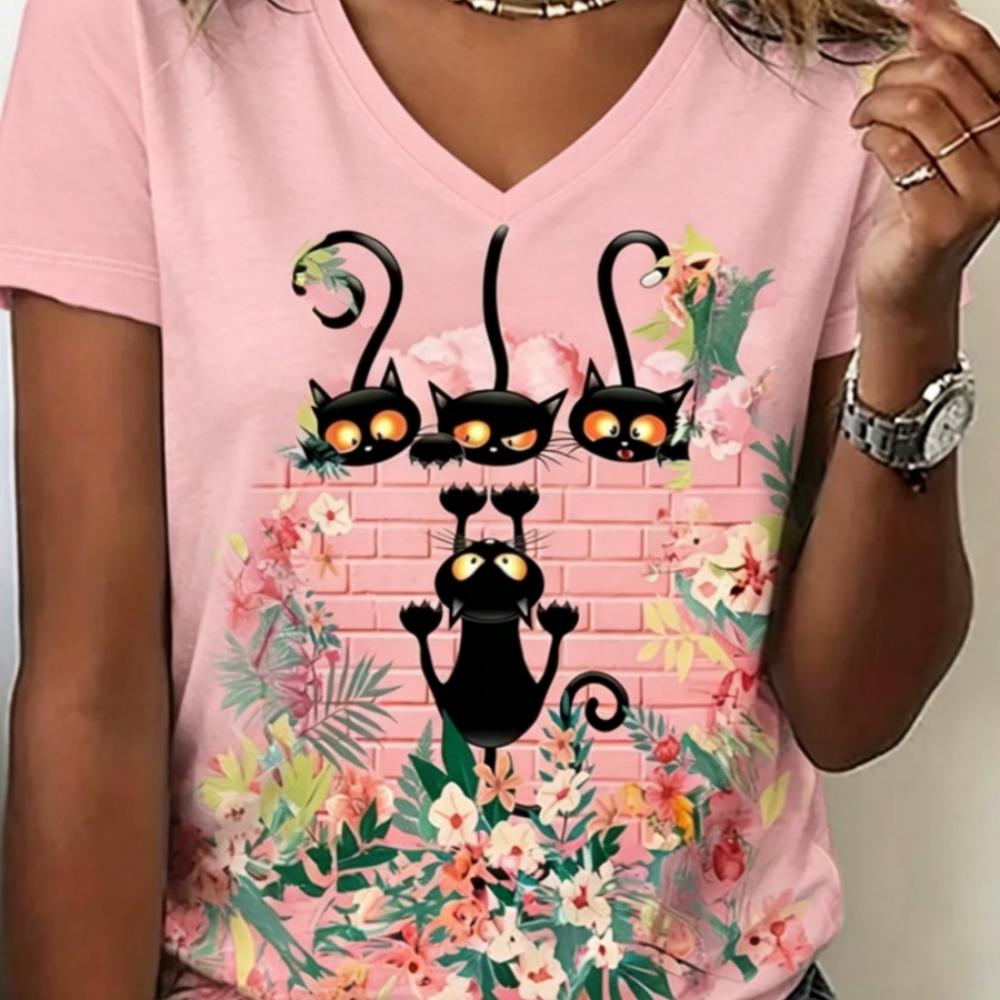 Summer Women's 3D Printed V-Neck T-Shirt Fashion Versatile Breathable Trend Casual
