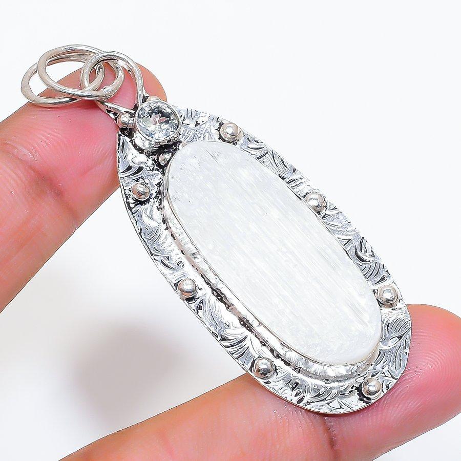 Natural Selenite, Topaz Gemstone 925 Sterling Silver Jewelry Pendant 2.64" ZS-41