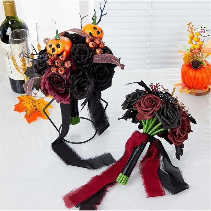 Bridal Bouquets Black Wedding Bouquets with Ribbon for Bridal, Bridesmaids, Anniversary, Wedding, Photography Props
