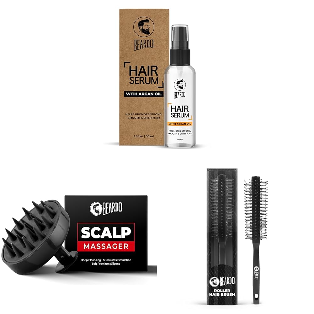 Beardo Hair Serum with Argan Oil 50ml, Silicone Bristle Scalp Massager & Roller Hair Brush | Frizz-Free Shine, Exfoliation & Styling | Hair Tools F