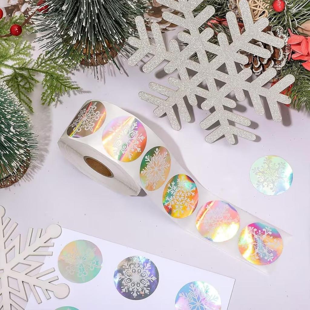 500 Pcs Holographic Snowflake Stickers,Christmas Adhesive Stickers Colorful Round Label Sticker for Envelope Cookie Candy Box (3.8cm)