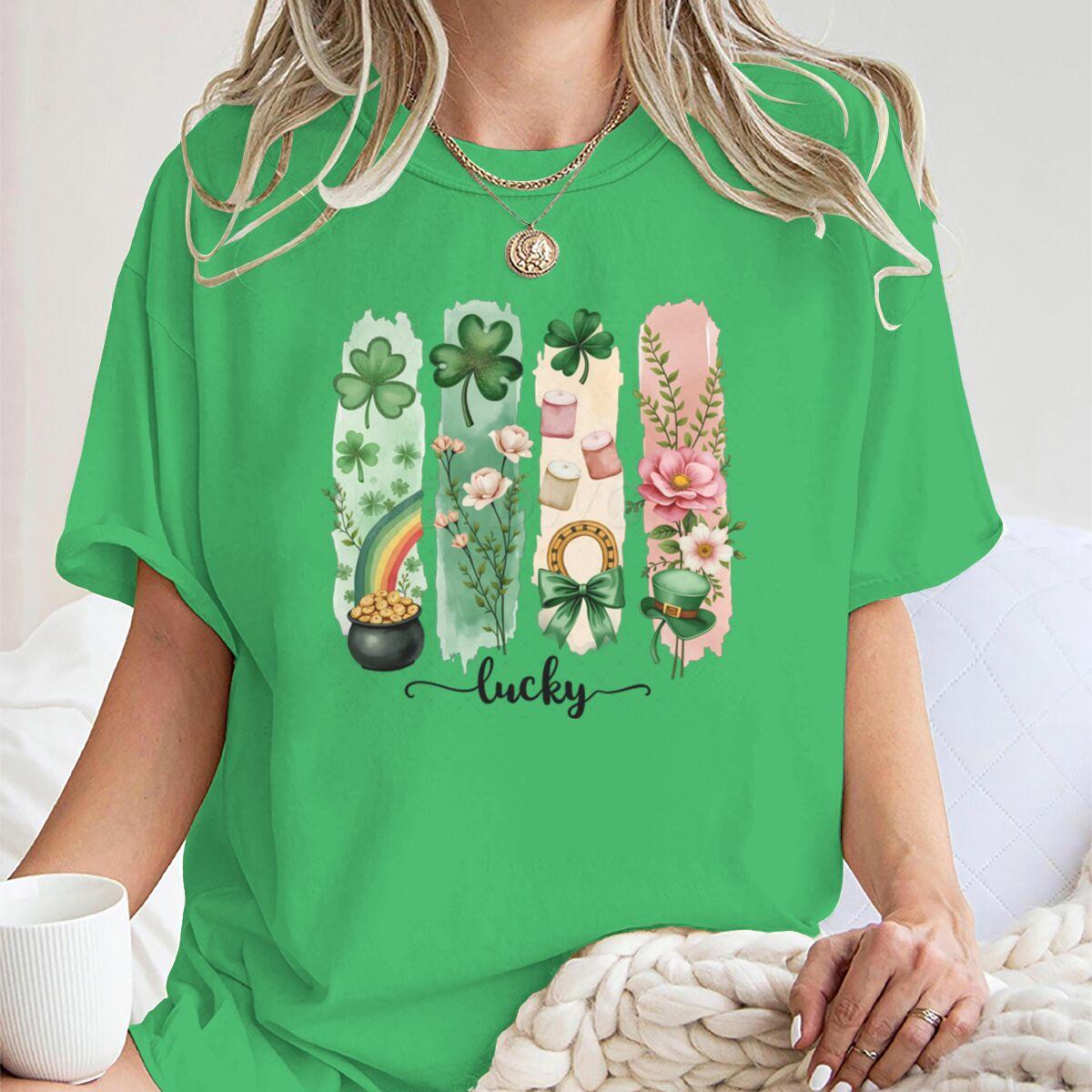 

Vintage St. Patrick s Day T-Shirt Women Lucky Four Clover & Floral Short Sleeve Tee Girl Lucky Clover Festival Casual Tops XL
