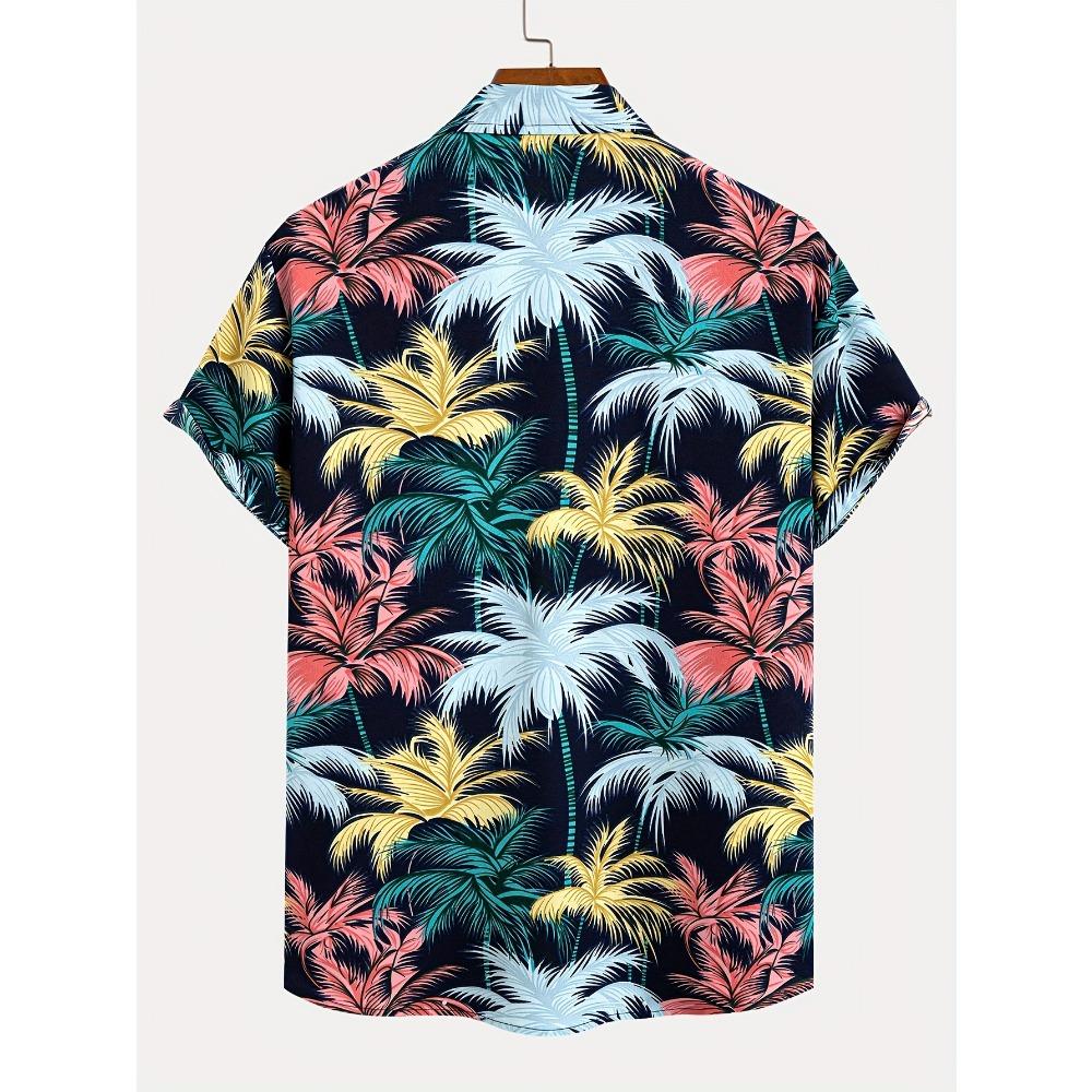 Tropical Coconut Tree Pattern Men's Short Sleeve Button Down Lapel Shirt For Summer Resort Holiday Hawaiian Style Oversized Tops
