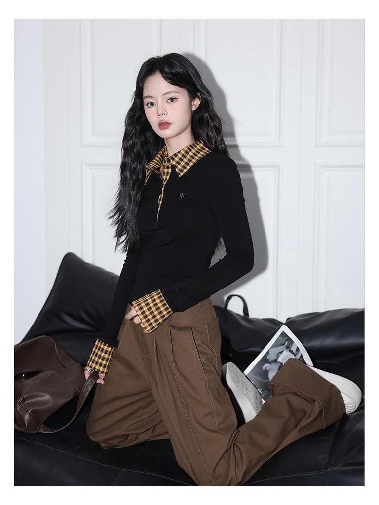 Haut d'automne pour femme à carreaux coupe slim fausse deux-pièces à manches longues et col polo