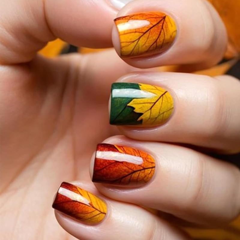 Fall Press On Nails Medium Square Fake Nails with Designs Maple Leaf Stick On Nail Thanksgiving Acrylic False Nail Bling Sequins Artificial Nail