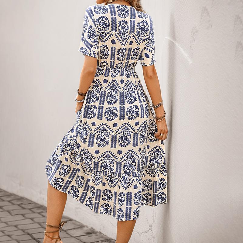 Women's Short Sleeve Deep V Neck Printed Bodycon Sexy Nightclub Party Dress