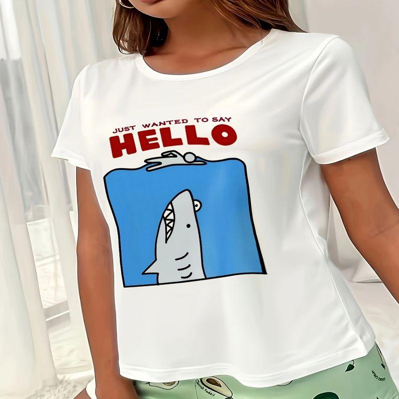 Cartoon Shark & Letter Shirt Short Sleeve Neck Fashion Casual Sport Basic Clothes Harajuku Style Summer Women'S Graphic T-Shirts
