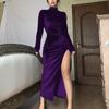 Women's Fashion Solid Colour High Neck Long Velvet Slim Fit Crinkled Split Dress
