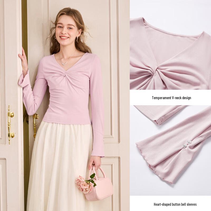Xiangying Women's French V-Neck Long Sleeve Knitted Top with Bow Twist