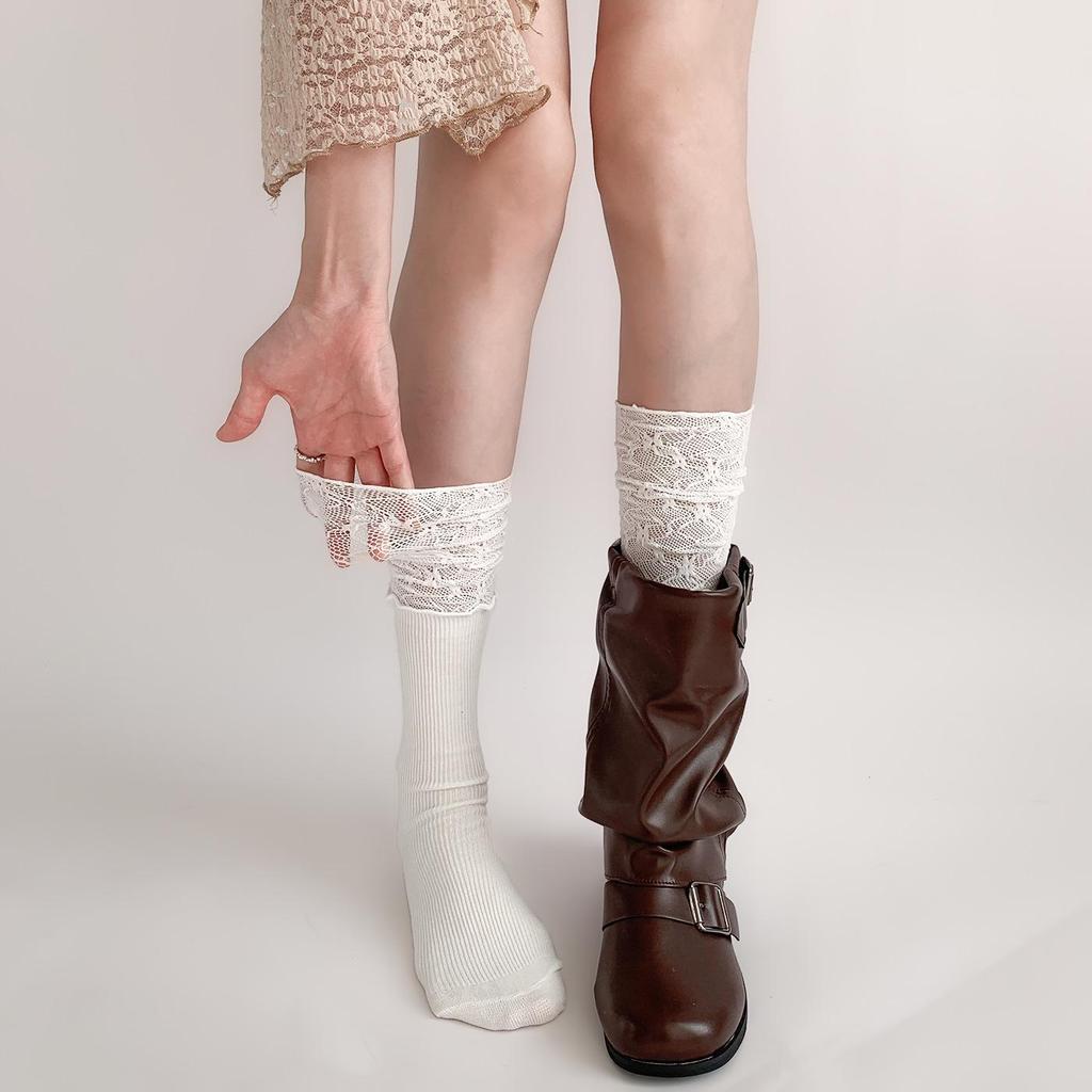 Women's White Calf Socks, Summer Thin Lace, Long Ballet Style Over-the-Knee Black Socks, Perfect for Boots