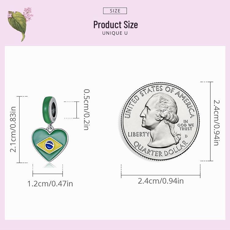 S925 Silver Brazilian Flag Heart Pendant with Green Enamel Drip
