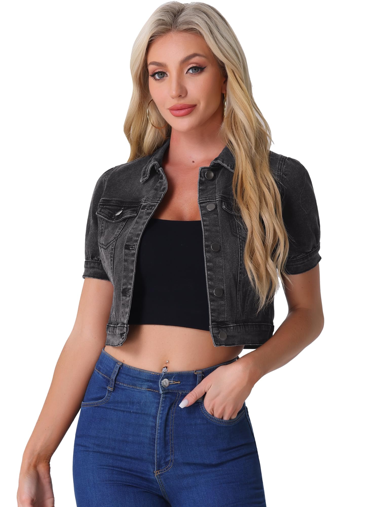 

Женская укороченная джинсовая куртка Allegra K с рукавами-буфами, темно-серая, размер M