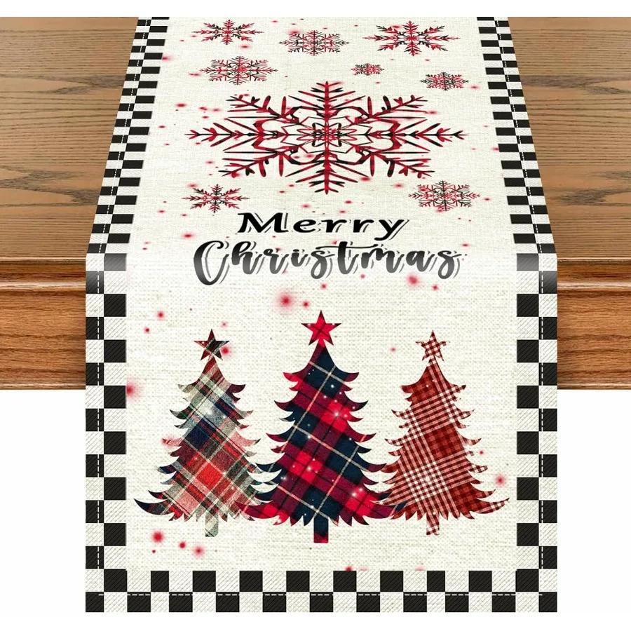 Merry Christmas Plaid Tree Snowflake Checkered Table Runner Stylish Holiday Dining Table Decor For Christmas Gatherings Festive 33x180cm