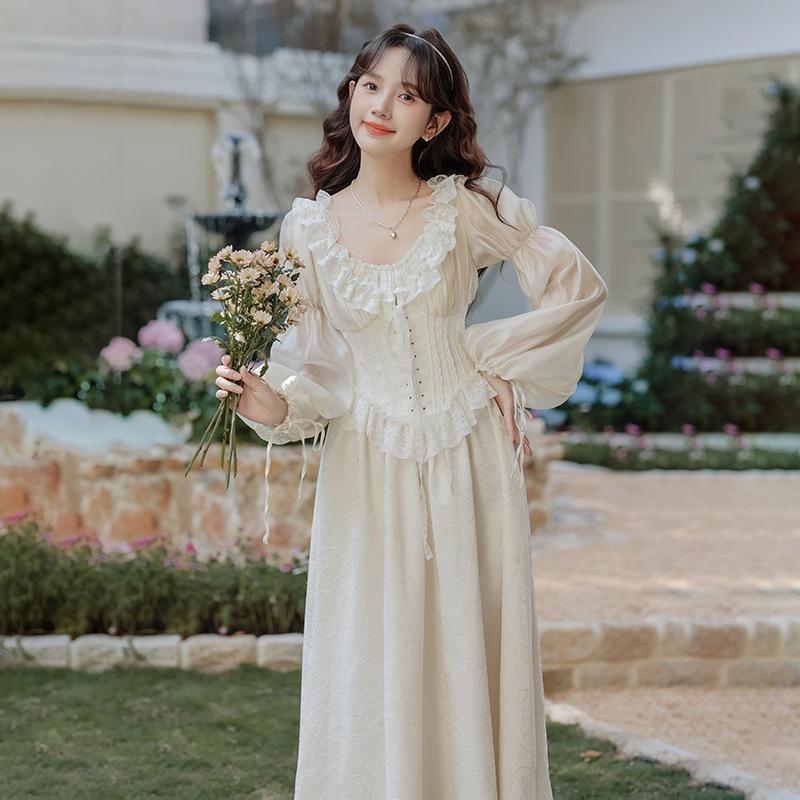 

Женское французское ретро платье с длинным рукавом и кружевом Large