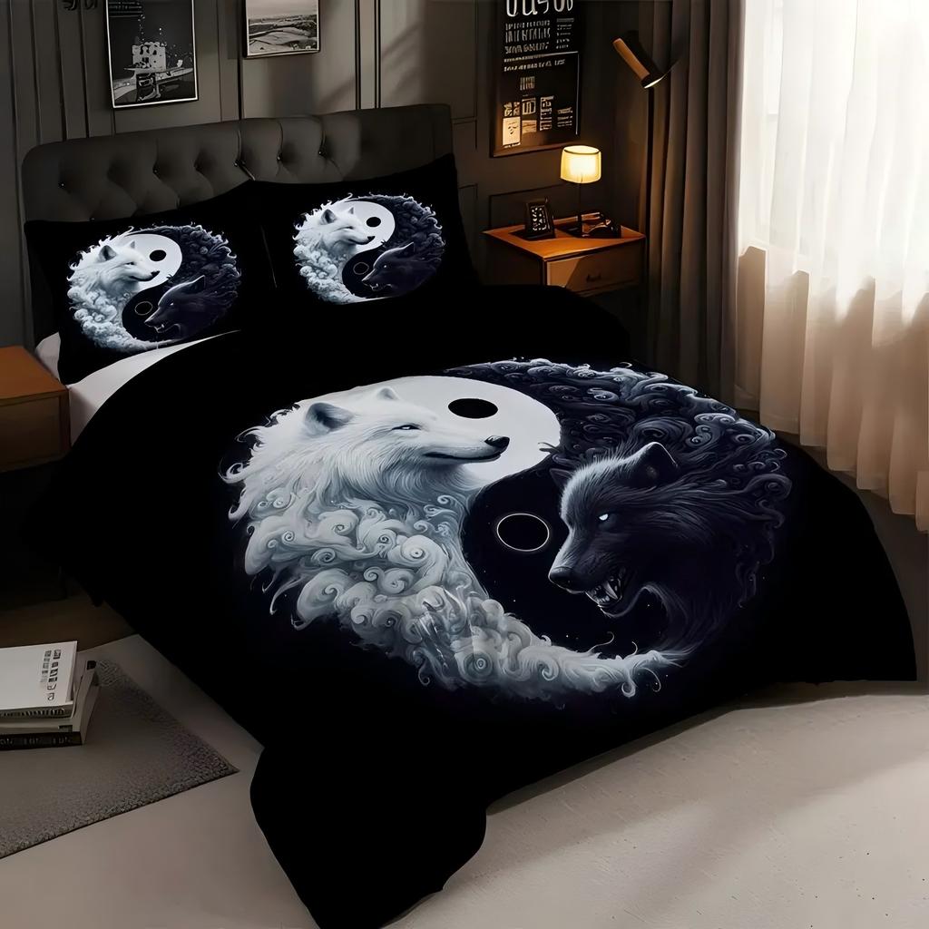 Comforter Fierce Wolf Black White White Tai Chi Pattern 3D Printed Soft Comfortable Bedding Set Wildlife Theme Set
