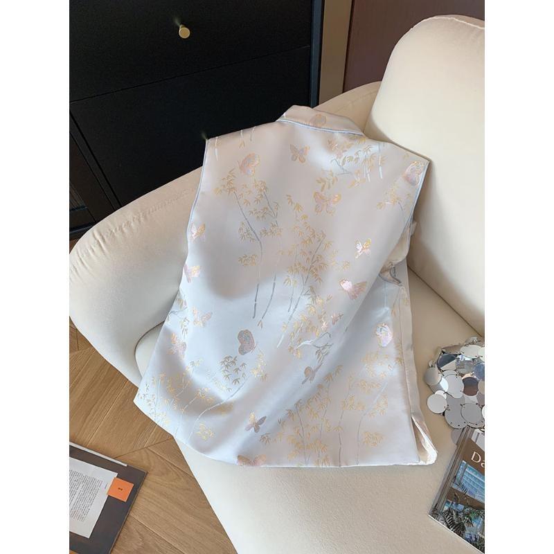 2025 spring new high-end sleeveless top jacquard satin stand-up collar buckle vest women