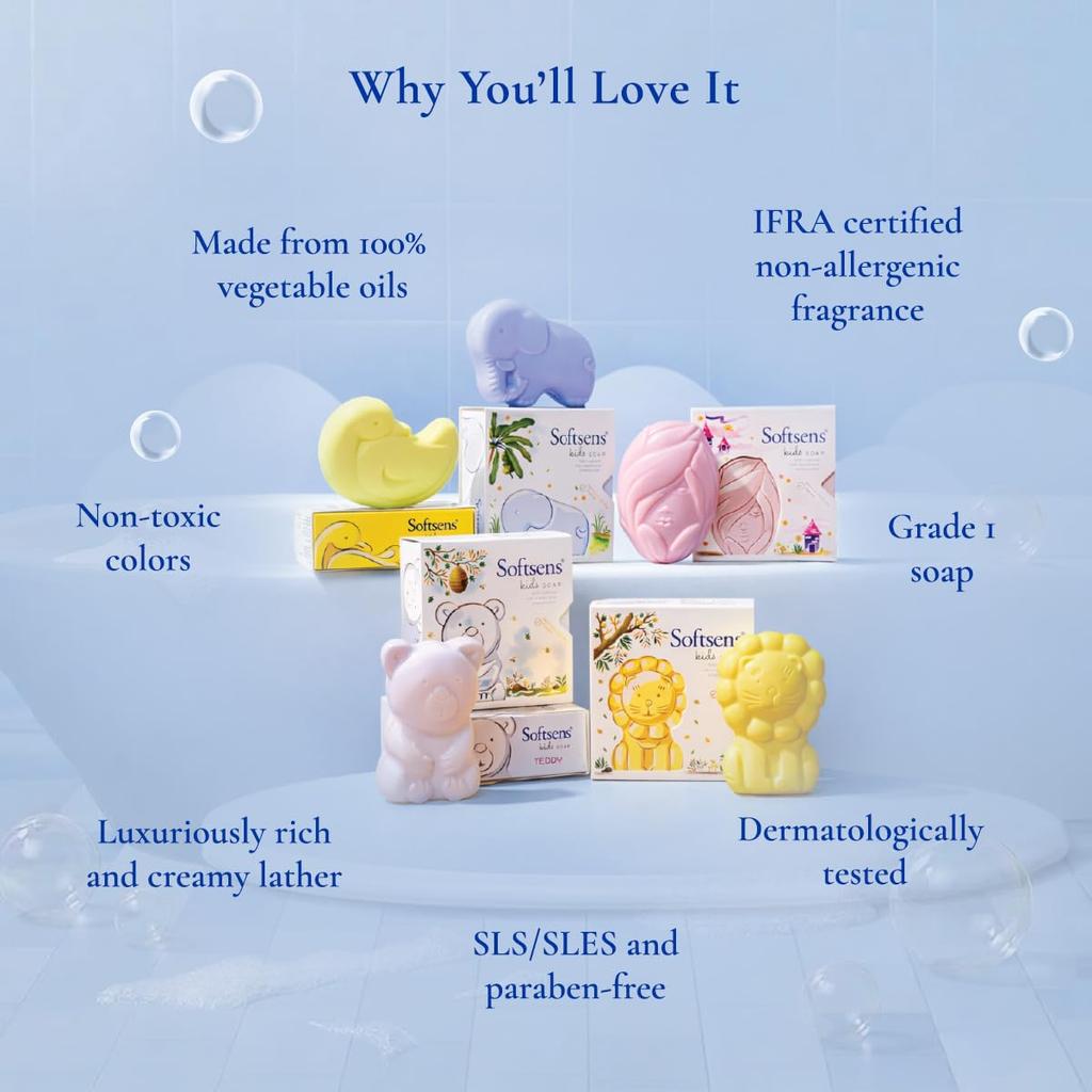 Softsens Assorted Kids Soap Gentle Moisturizing Bar 75g Pack of 5 Multicolored Animal Shaped Soaps for Toddlers and Children