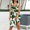 Women Plus Size Scoop Neck Sleeveless Ginkgo Leaf Printed Side Slit Tank Dress And Shorts Two Piece Set