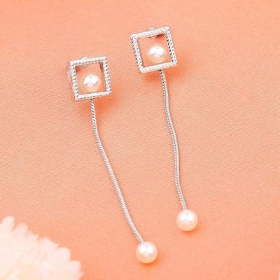 Square Designer Tassel Earrings Rhodium Plated White Pearl For Girls Women