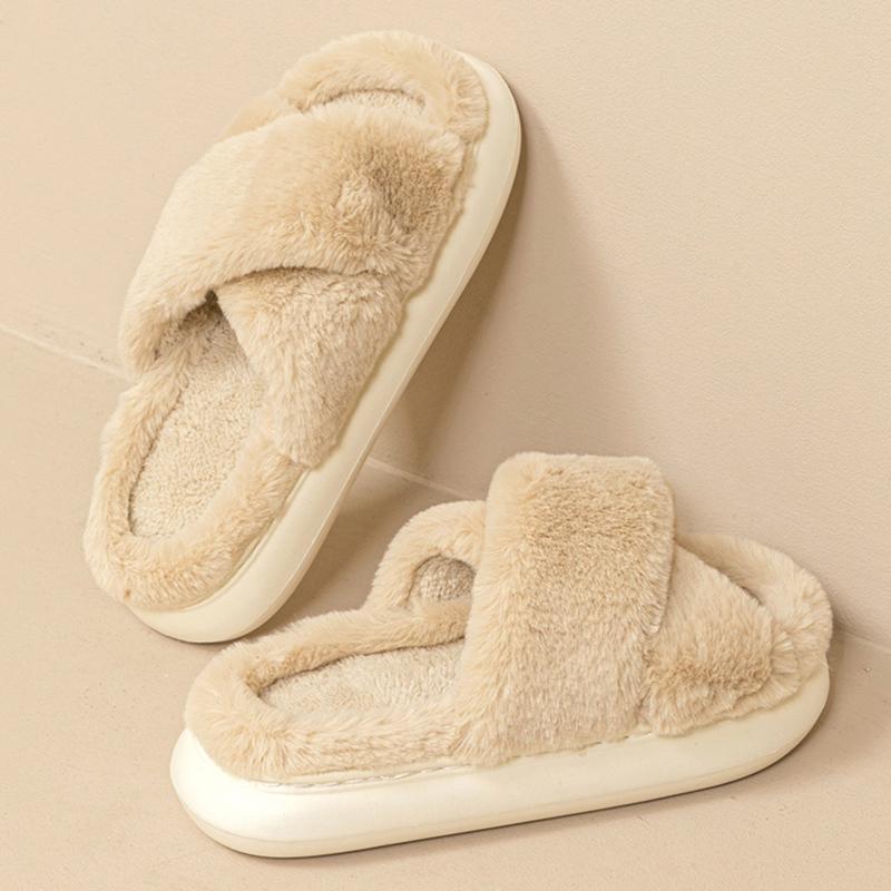 

Cross Fur Winter Home Slippers Women Soft Sole House Plush Slippers Woman Comfy Thick Bottom Non-Slip Couple Cotton Shoes Slides 36-37 хакі
