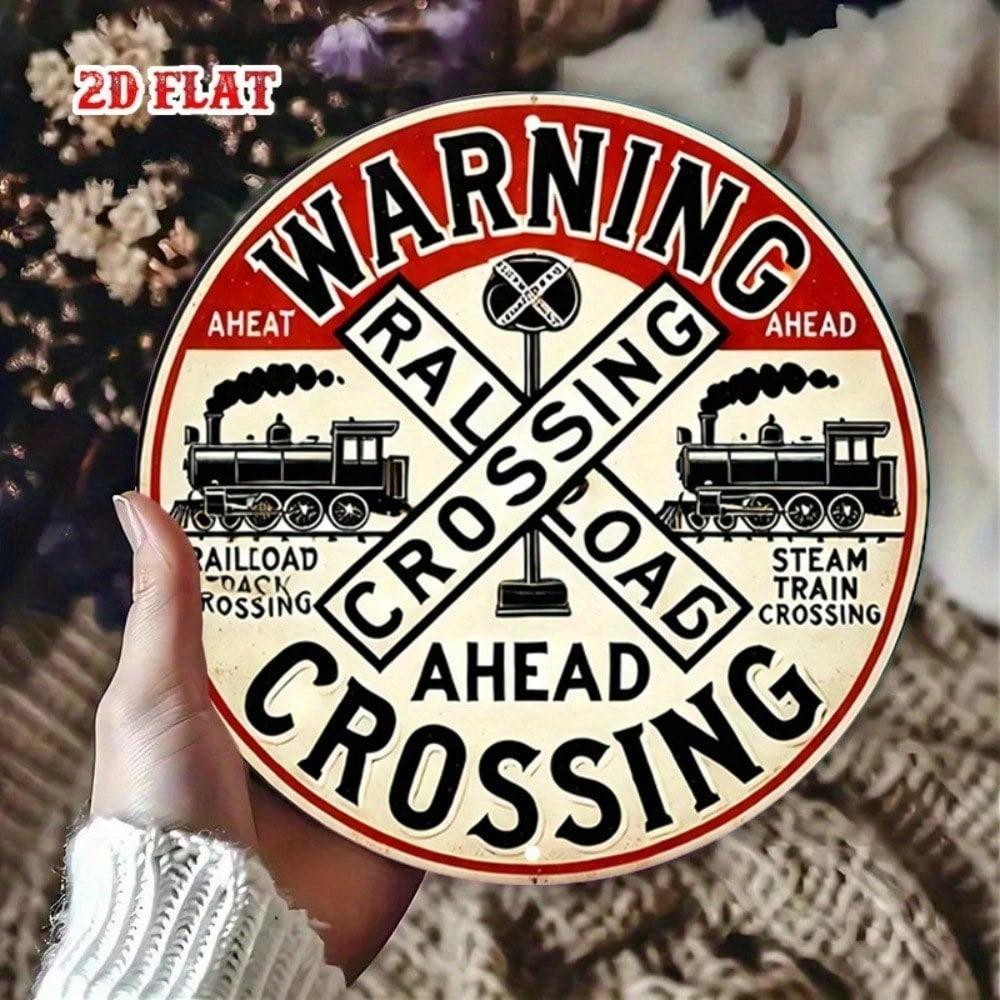 Vintage Railroad Crossing Metal Sign 7.8 Inch Round Heavy Duty Train Warning Decoration Locomotive