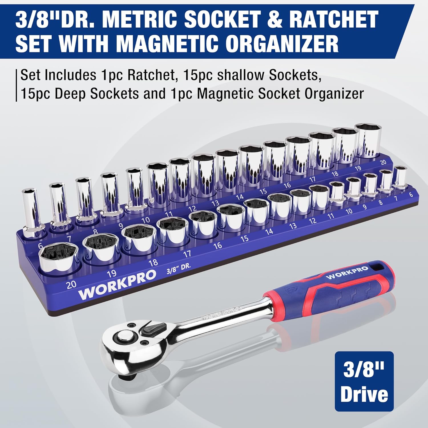 

32-Piece 3/8 Drive Metric Sockets & Ratchet Set with Magnetic Organizer, 6-20mm, 72-Tooth Quick Release United States