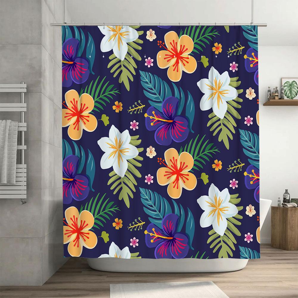 Tropical Flowers Bath Shower Curtain Waterproof Polyester Home Decor Customizable Size High-Quality Printing Blue