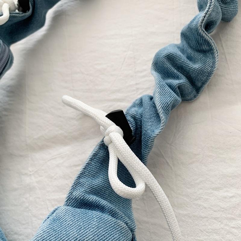 Fashion Denim Hobo Bag Ruched Strap Striped Design Zipper Closure Casual Shoulder Purse for Women