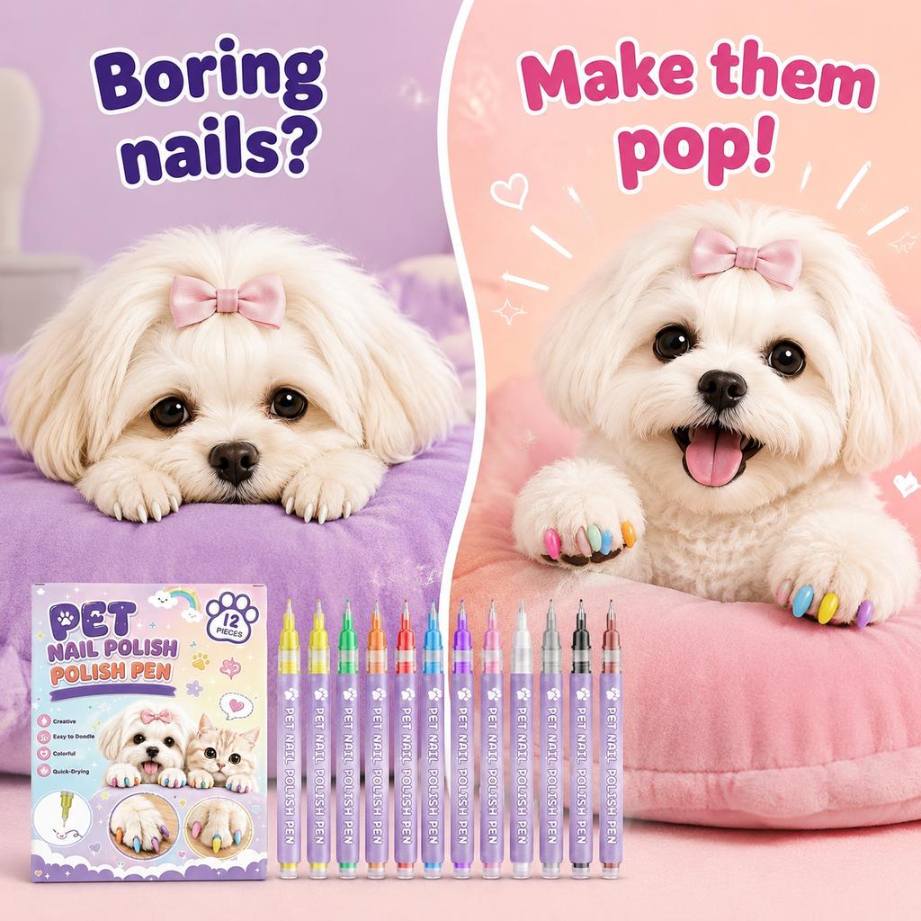 12 Colors Pet Nail Polish Pen Cat Dog Nail Art Pet Grooming Tool Washable Nail Paint Pen Quick Dry Fine Tip Pet Claw Decoration