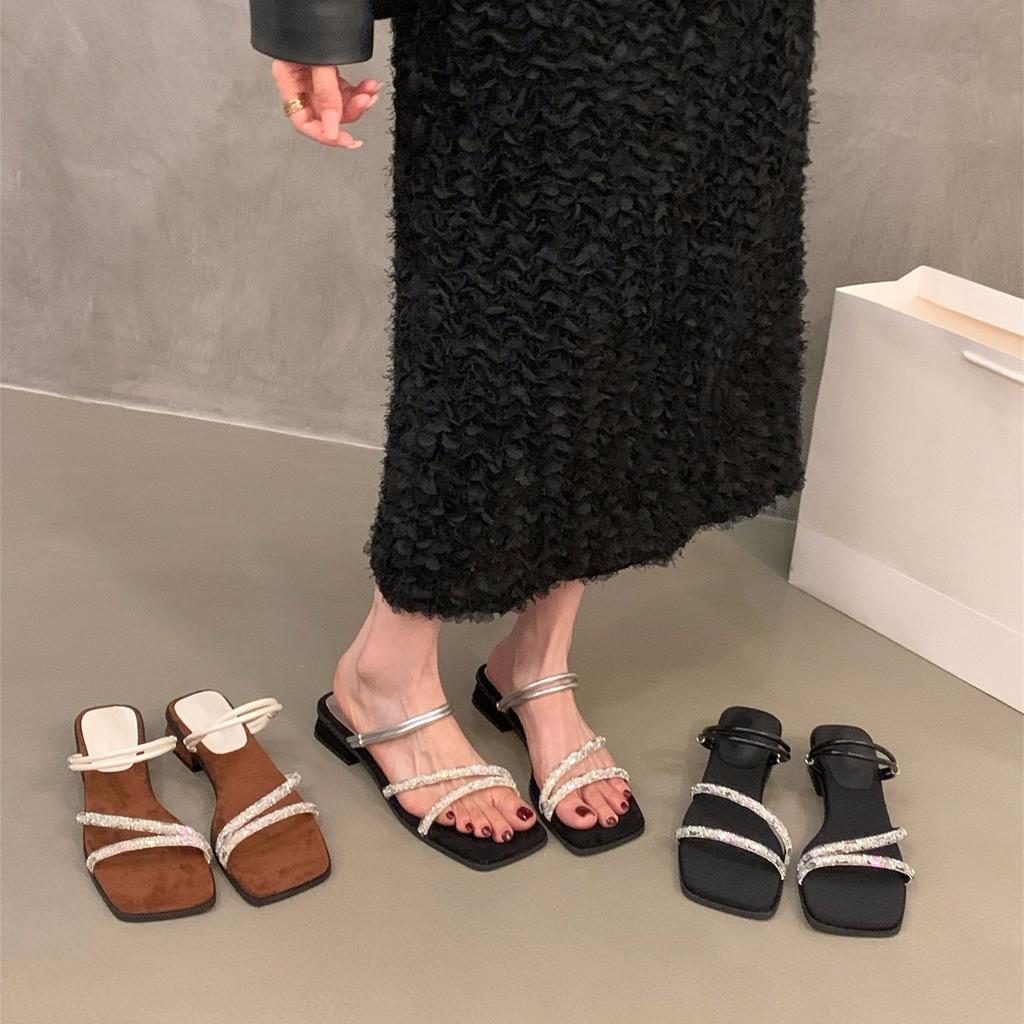 Coarse heel French small cool slippers fairy shoes outer wear 2025 new summer skirt Roman shoes rhinestone sandals
