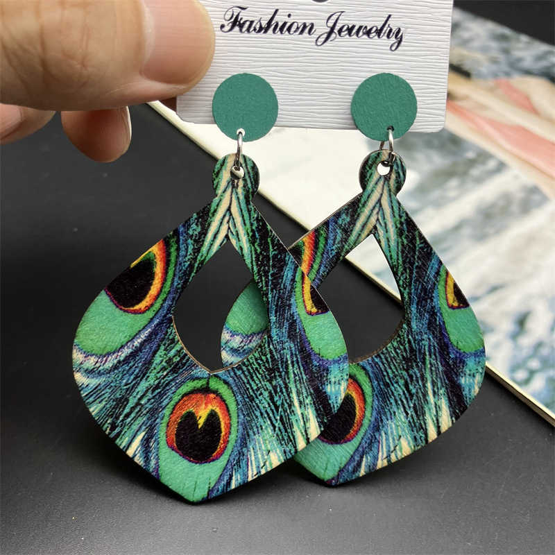 Bohemian Peacock Feather Long Earrings Wooden Earrings Retro Ethnic Style