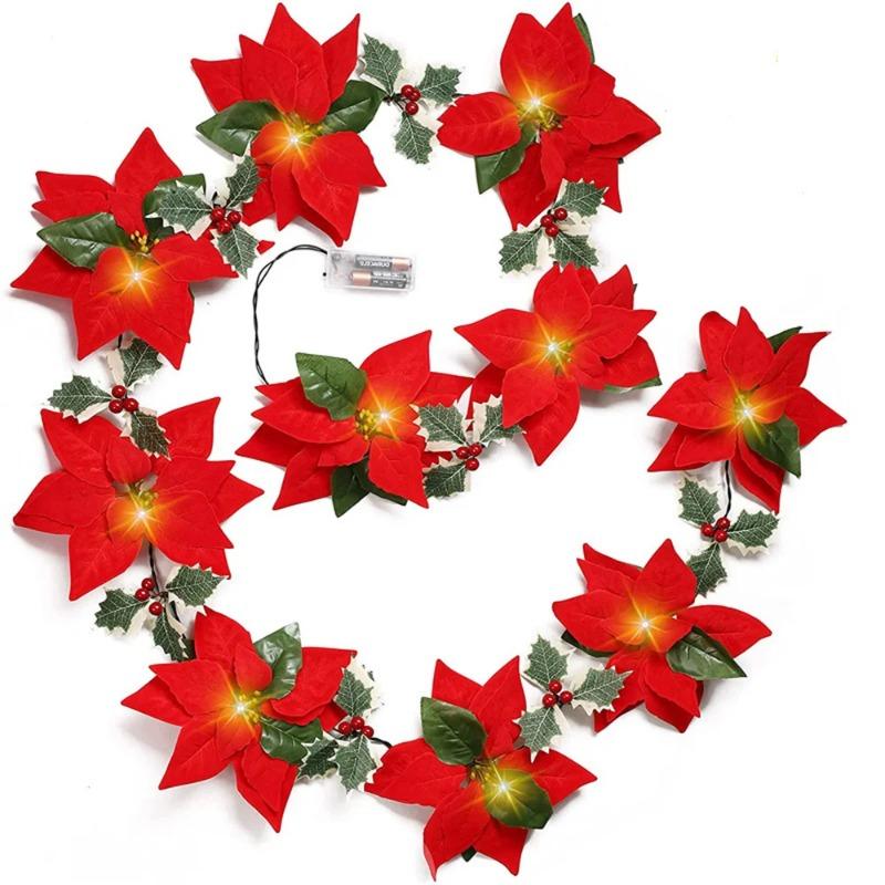 2M 10LED/3.5M 10LED Christmas Poinsettia Garland Poinsettia Velvet Artificial Poinsettia Garland String Lights for Christmas Tree Decor