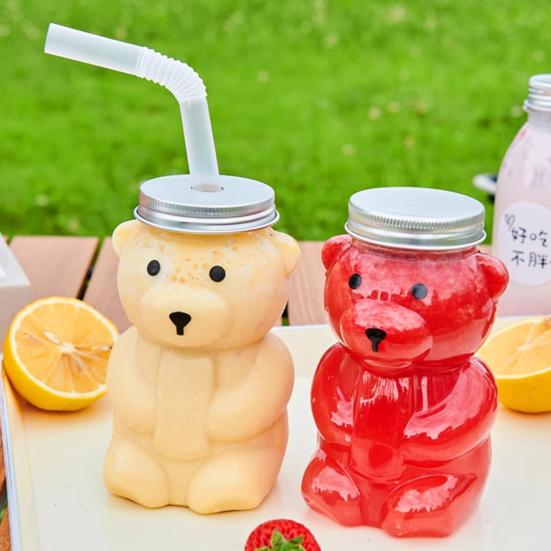 Kubek Jednorazowy Misiowy z Wieczkiem ze Słomką Ergonomiczny Kubek Plastikowy w Kształcie Misia Naczynia do Napojów Dom Biuro Bar Codzienne Użytkowanie
