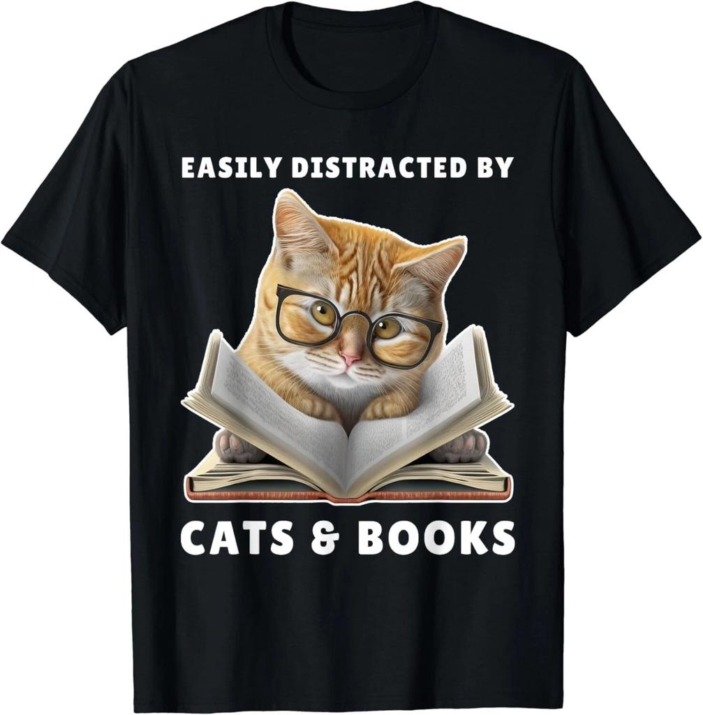 Easily Distracted by Cats and Books Cat Book Lover Club Gift Unisex T-Shirt