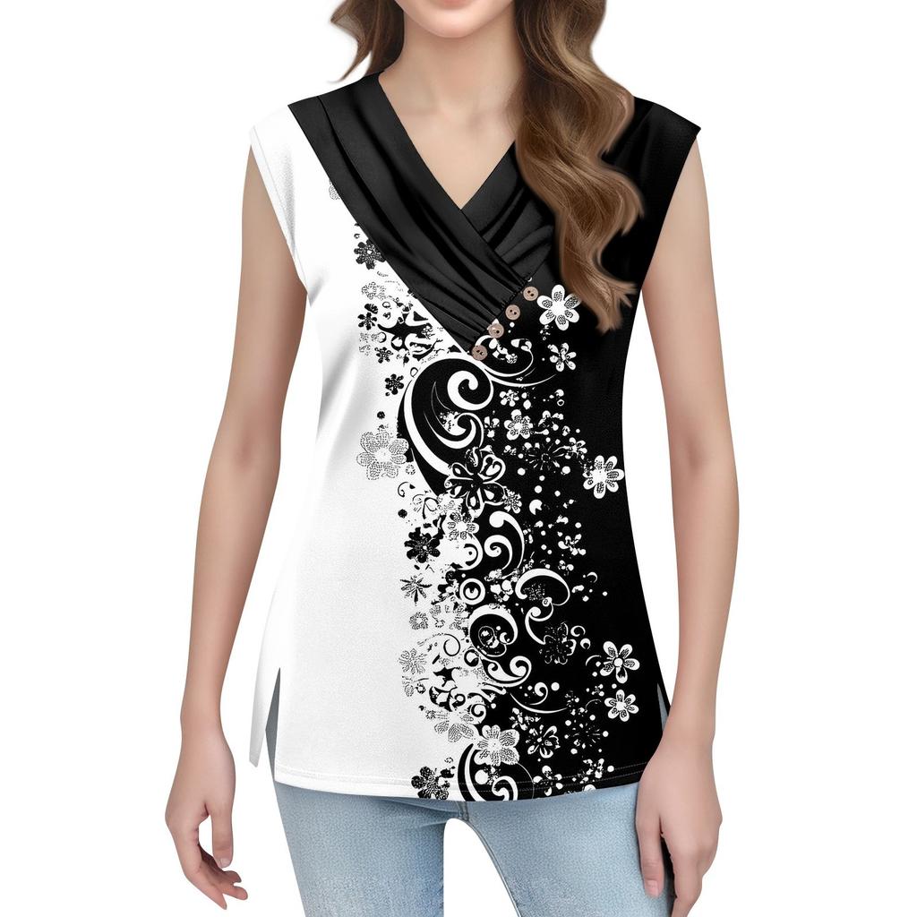 Maiou de damă cu imprimeu, cu nasturi, cu gât în V, fără mâneci, larg, top la modă