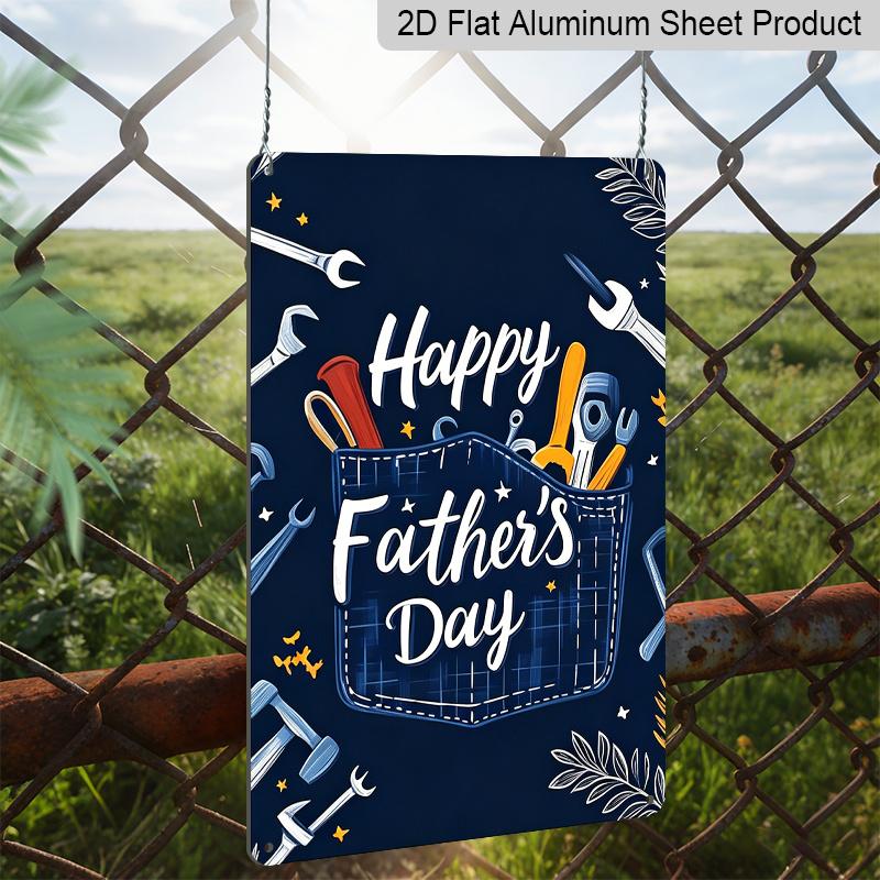 2D Flat, 1pc Denim Pocket Tools Father's Day Metal Wall Art Sign "Happy Father's Day" - 8*12 Inch Aluminium Rustic Garage Decor, Workshop Style Wall