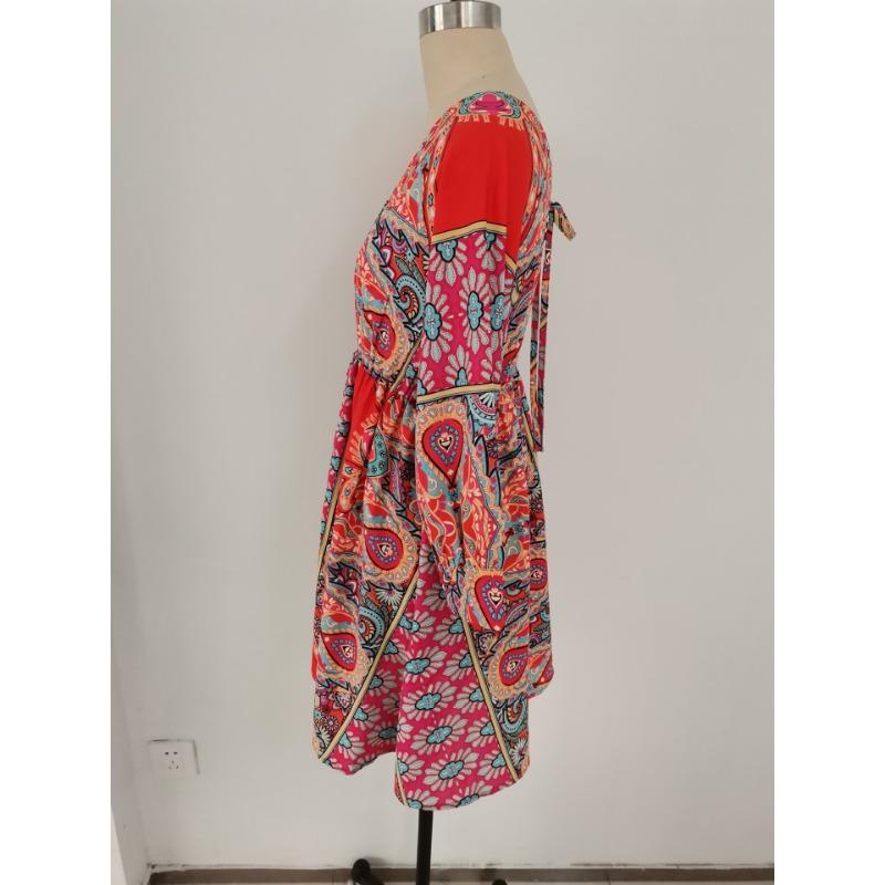 Women's Sexy V-neck Waist Print Boho Dress
